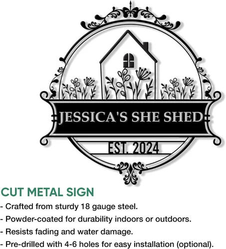 Vista 2 de Letrero de metal personalizado con texto en inglés "She Shed", decoración de pared con nombre personalizado para jardín, patio, porche, valla