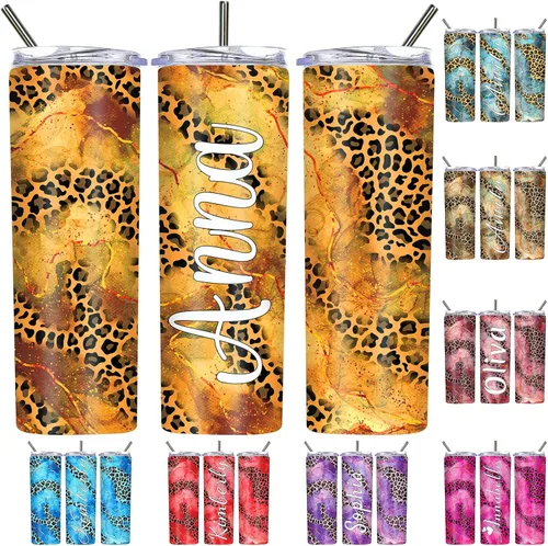 Vista 14 de Vasos personalizados con estampado de leopardo con tapas y pajitas, vasos delgados personalizados de 20 onzas con nombres para mujeres y hombres