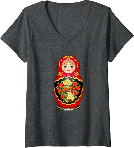 Vista 6 de Hermosa camiseta de Matryoshka Russian Strawberry Nesting Doll con cuello en V para mujer, Negro, S