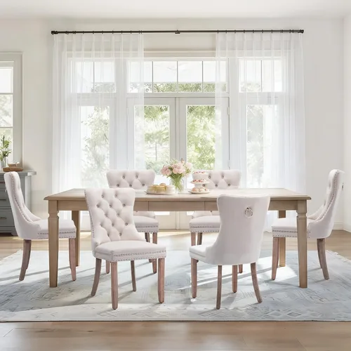 Vista 12 de Juego de 2 sillas de comedor de terciopelo con patas de madera, color beige Mid Century Modern Dining Chairs,Upholstered Chairs with Nailhead