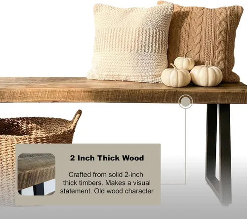 Vista 5 de Banco rústico de madera de granero recuperada, madera maciza con base de metal, estilo moderno de granja, parte superior de 2 pulgadas de grosor