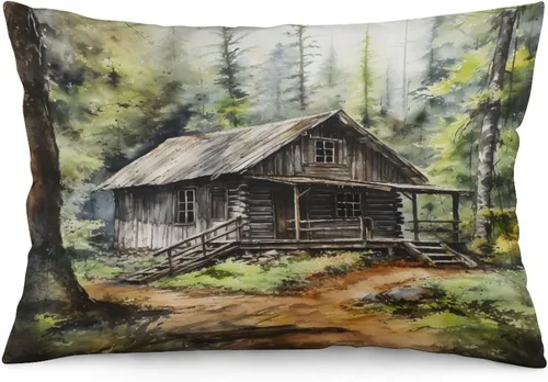 Vista 10 de Funda de almohada rústica de 12 x 20 pulgadas, diseño de cabaña en el bosque, súper suave, funda de cojín impresa de doble cara, funda de almohada
