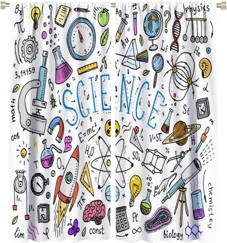 Vista 92 de Cortinas opacas para ventanas de ciencia para niños, lupa de libro de laboratorio de ciencia, lupa, frascos moleculares, cortinas impresas