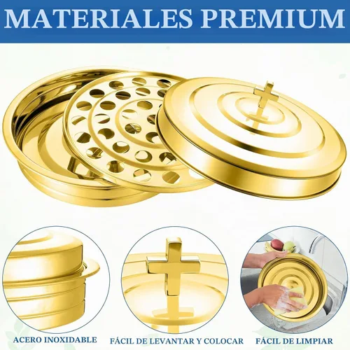 Vista 3 de Jingmore Communion Ware 3 bandejas para servir vino santo con 1 tapa, color Suministros de comunión de acero inoxidable Bandejas de plata