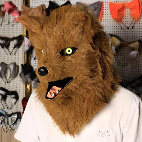 Vista 2 de HAOAN Máscara de perro peludo de cabeza completa de lobo realistas para Halloween, carnaval, disfraces, fiesta, cosplay, disfraz para mujeres