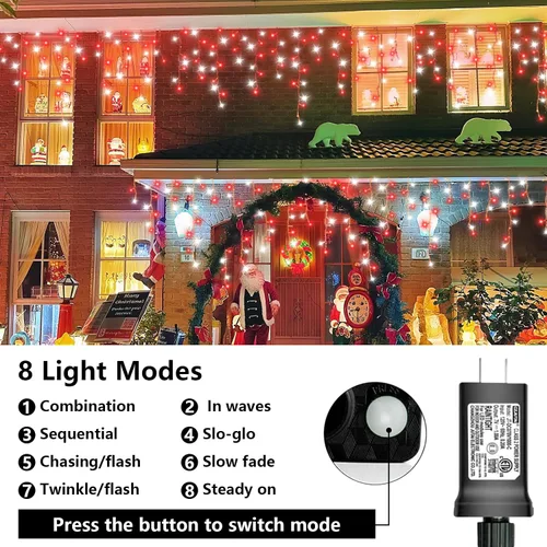 Vista 4 de QITONG - Tira de luces de carámbanos rojas y blancas para exteriores, 33 pies con 400 LED, 8 modos, alambre transparente, luces de Navidad