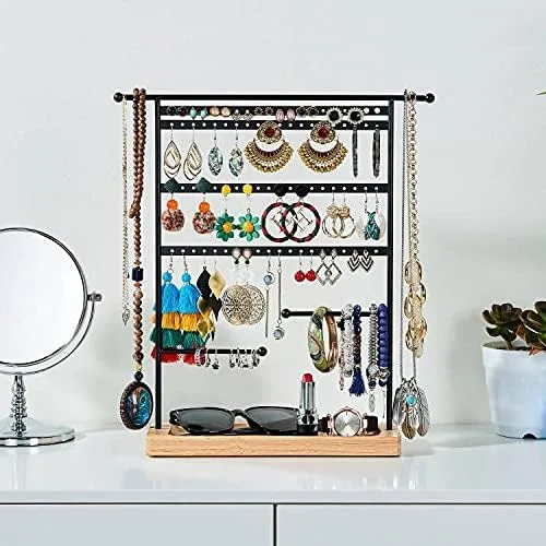 Vista 2 de Bielebbi Organizador de aretes, soporte para pendientes y soporte para joyas con soporte para collar de 4 niveles, bandeja de madera adecuada