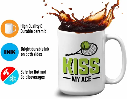 Vista 4 de Taza de café de tenis de 15 onzas, color blanco, Kiss My Ace, jugador de tenis, atleta, afición, divertido juego de palabras, sarcasmo, broma
