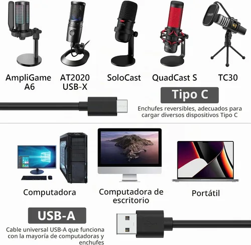 Vista 3 de GEEKRIA for Creators - Cable de micrófono USB A a tipo C de 10 pies / 3 M, compatible con Fifine AmpliGame A6, HyperX QuadCast S, SoloCast, Logitech