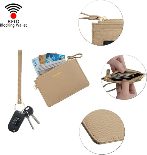 Vista 5 de Aiyo Nice Funda delgada para tarjetas RFID para mujer, cartera con cremallera, cartera de piel pequeña, monedero con llavero