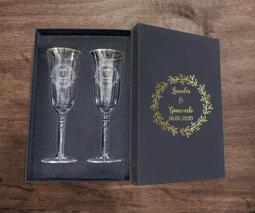 Vista 46 de Juego de 2 copas de champán personalizadas para boda grabadas con caja - Bride & Groom's Wedding Toast