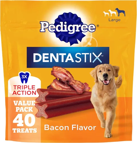 Vista 18 de Pedigree Dentastix - Golosinas para perros de raza grande, sabor a tocino, bolsa de 1.67 libras (32 golosinas) Triple action dental care, reduces