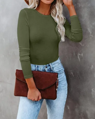 Vista 7 de VICHYIE Ropa de otoño para mujer, cuello redondo, acanalada, manga larga, ajustada, camiseta básica casual