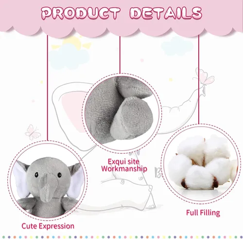 Vista 3 de Skylety 4 piezas de animales de peluche pequeños y lindos elefantes, animales del bosque suaves para baby shower, niños y niñas, revelación
