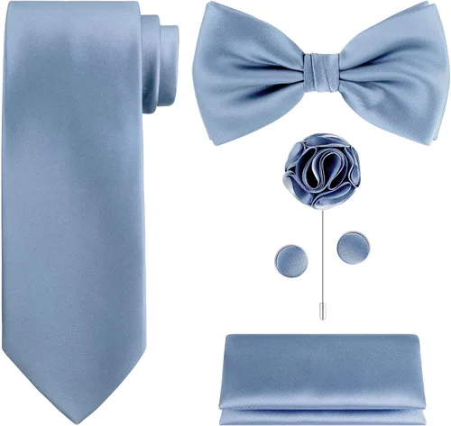Vista 12 de TIE G 5pcs Tie Set in WHITE OR BLACK GIFT BOX: Solid Color Necktie, Satin Bow Tie, Pocket Square, Lapel, Cuff Links A-aqua