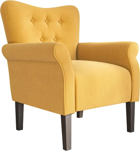 Vista 8 de BELLEZE Silla decorativa moderna, sillón de respaldo alto, silla lateral tapizada con respaldo alado, sofá individual acolchado con patas de madera