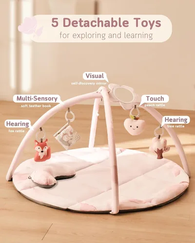 Vista 3 de Fortella Tapete de gimnasio y actividades para bebés, lavable a máquina y plegable, con 5 juguetes desmontables, certificado seguro para recién Rosa