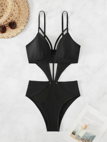 Vista 3 de MakeMeChic Traje de baño monokini de una pieza con inserción de malla recortada para mujer