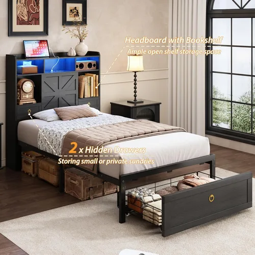 Vista 7 de TIGUBFRE - Base de cama individual con cabecera de almacenamiento, base de cama de madera estilo granja tamaño individual con 3 cajones, luz LED