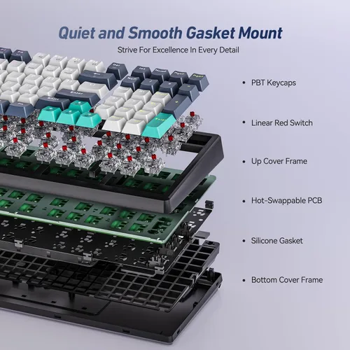 Vista 8 de EarlyLit Teclado mecánico intercambiable en caliente, teclado para juegos con cable con almohadilla numérica, junta silenciosa e interruptores