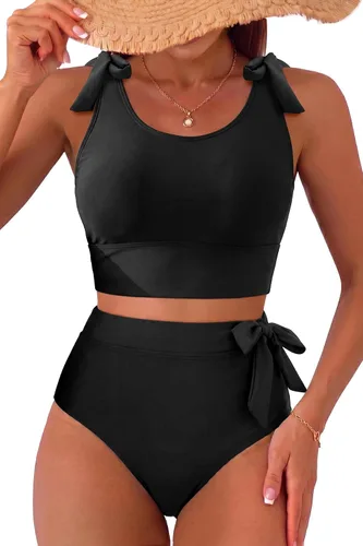 Vista 17 de Trajes de baño de dos piezas de cintura alta - Bikini con control de abdomen para mujer, traje de baño modesto 2 piezas 2025 Hot Red