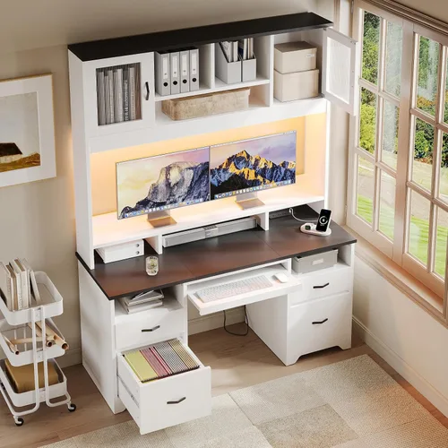 Vista 8 de Bestier Escritorio Ejecutivo de 77.8" de Alto con Estante Superior, Escritorio Moderno de Madera para Computadora con Cajones, Estación de Carga