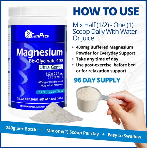 Vista 5 de CanPrev Bisglicinato de magnesio 400 polvo ultra suave 8.47 oz, 48 porciones, 400 mg de magnesio elemental por cucharada, soporta noches