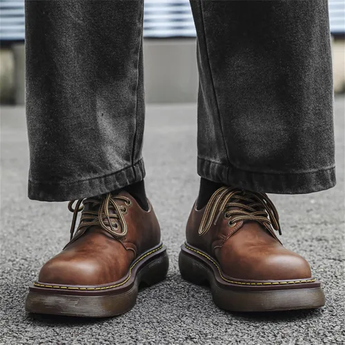 Vista 8 de Zapatos de vestir de cuero genuino con plataforma vintage para hombre, zapatos Oxford con punta redonda para negocios, zapatos casuales de Derby