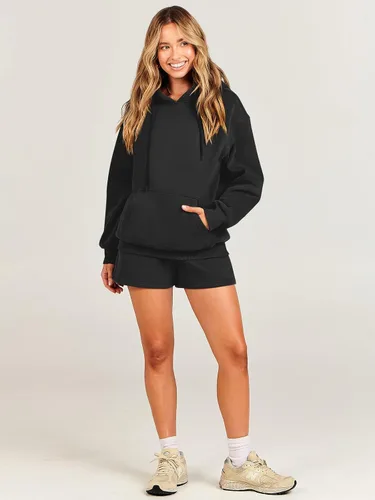 Vista 6 de ANRABESS Conjunto de 2 piezas para mujer, sudadera corta con cordón y capucha de gran tamaño, conjunto a juego