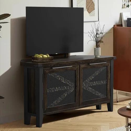 Vista 6 de VFK Soporte de TV de esquina de estilo granja para TV de 50 pulgadas, centro de entretenimiento rústico con almacenamiento, mesa de consola
