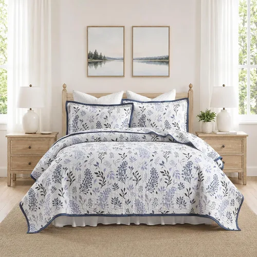 Vista 27 de Juego de edredón 100% algodón tamaño Queen de 3 piezas, edredón floral de damasco con 2 fundas, colcha acolchada floral vintage, ropa de cama ligera