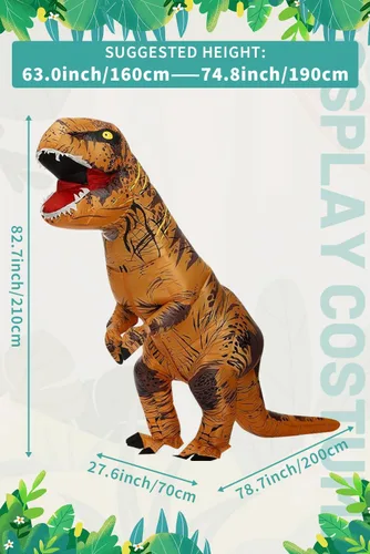 Vista 3 de Disfraz inflable de T-Rex para adultos, traje de dinosaurio de tiranosaurio (tamaño libre, marrón)