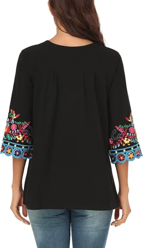 Vista 7 de YZXDORWJ Blusa de verano para mujer, estilo bohemio, estilo mexicano, con bordado bohemio