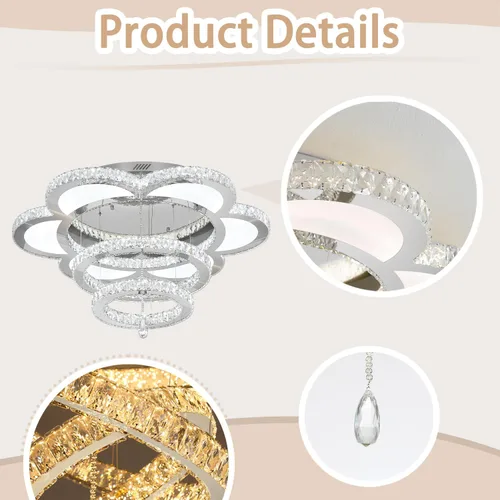 Vista 6 de W40 - Lámpara de araña de cristal moderna de montaje empotrado con control remoto para sala de estar, cocina, isla, dormitorio, pasillo, entrada