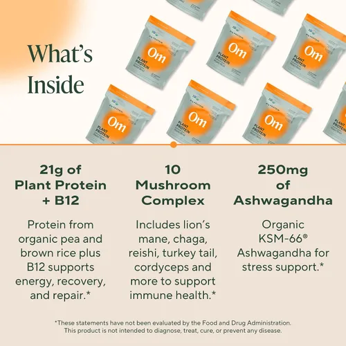 Vista 4 de OM MUSHROOM SUPERFOOD Master Blend Proteína vegana – Proteína vegetal sin sabor con 10 hongos, Ashwagandha, BCAA y B12 – Energía, recuperación