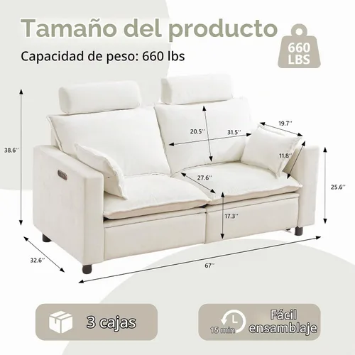 Vista 2 de GUEAPY Sofá reclinable eléctrico, sofá biplaza Cloud Couch, sofás seccionales reclinables color crema de gran tamaño, moderno sofá reclinable