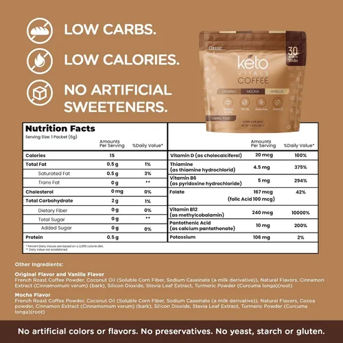 Vista 2 de Keto Vitals Café en polvo instantáneo Keto con aceite MCT y vitaminas, bajo en calorías, bajo en carbohidratos, sin edulcorantes artificiales, apoyo