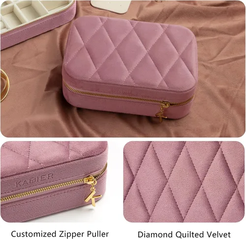Vista 2 de KAMIER Joyeros pequeños para mujer Caja organizadora de joyería de terciopelo para aretes, anillos, collares Lindo joyero para mujeres, hombres