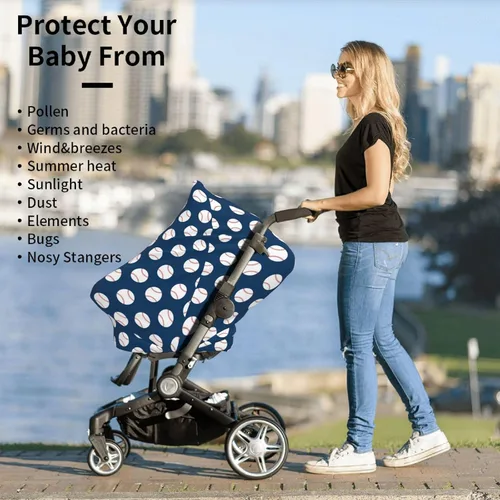Vista 4 de Funda de asiento de coche de béisbol azul para bebé, fundas de lactancia materna, funda multiusos para asiento de automóvil, cubierta de cochecito
