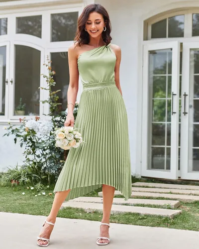 Vista 5 de GRACE KARIN Vestido de satén de verano 2023 con un hombro descubierto para mujer, sin mangas, plisado, vestido midi sexy de cóctel