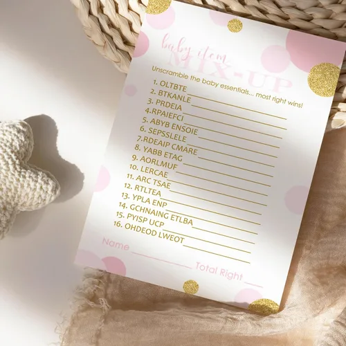 Vista 6 de Paper Clever Party Juegos de baby shower rosa y dorado para niñas, tarjetas de palabras Scramble, divertidas actividades de baby shower, tema