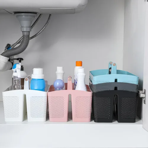 Vista 6 de rejomiik - Cesta portátil para ducha de plástico, organizador de limpieza con asa, organizador de almacenamiento portátil con asa para baño, Negro