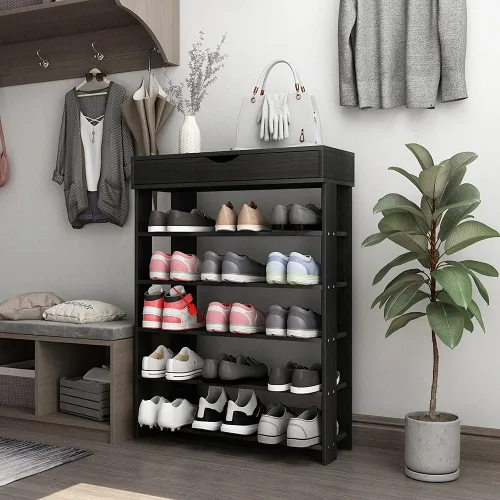 Vista 4 de DlandHome Zapatero de almacenamiento de zapatos, zapatero de 5 niveles, zapatos de madera, tacones, tenis, organizador de almacenamiento