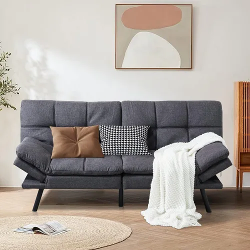 Vista 7 de Futón convertible de piel sintética negra, sofá cama plegable de espuma viscoelástica, sofá biplaza ajustable, futón para sala de estar