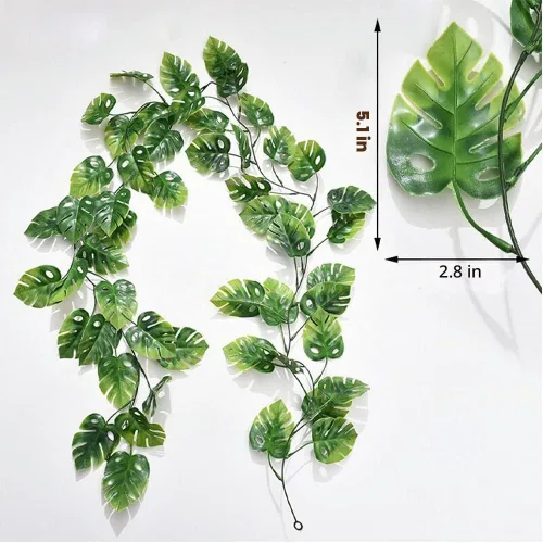 Vista 3 de Fielegen Guirnalda de 20 luces LED de hojas de Monstera, hojas de palmera tropicales artificiales, enredaderas verdes con luces, decoración