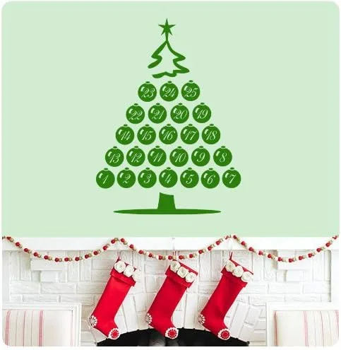 Vista 6 de Calcomanía de pared con forma de árbol de Navidad con forma de calendario de Adviento de diciembre, calcomanía de pared con texto en inglés «Merry