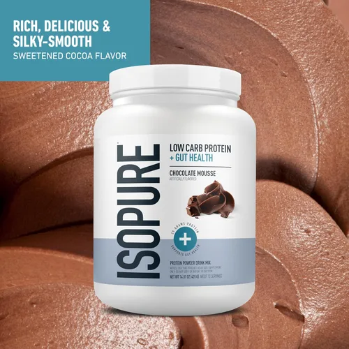 Vista 3 de Isopure Proteína + Polvo de salud intestinal y apoyo inmune, mousse de chocolate, 25g de proteína de suero con prebióticos y vitaminas, 12 porciones