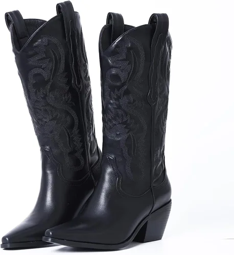 Vista 2 de Mattiventon Botas vaqueras para mujer, bordadas, a media pantorrilla, botas vaqueras vintage, botas occidentales