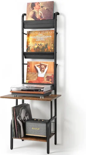 Vista 9 de Soporte para tocadiscos con almacenamiento de vinilos para hasta 200 álbumes, soporte para tocadiscos con estante de exhibición para discos Negro