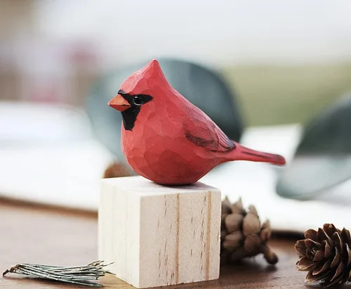 Vista 4 de Ornamento del pájaro cardenal del norte tallado a mano estatuas de madera pintadas para la decoración casera